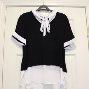 Elle (Kohl's) Black Mock Layer Ruffle Tie Blouse